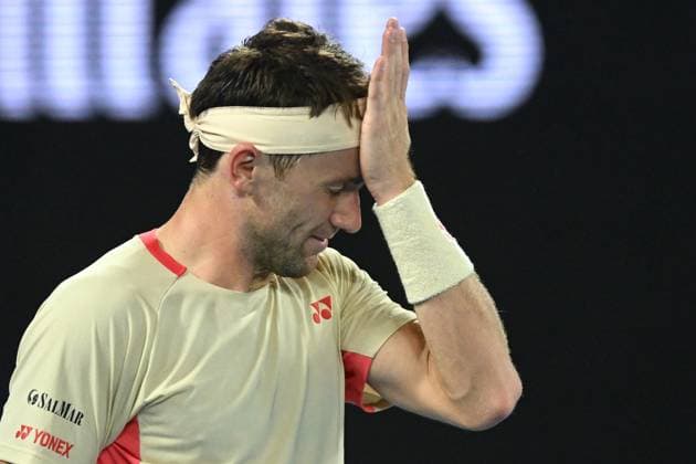 TENNIS AUSTRALIAN OPEN, Casper Ruud of Norway reacts during his Men?s Singles Round 1 match against Jaume Munar of Spain at the 2025 Australian Open at Melbourne Park in Melbourne, Sunday, January 12, 2025. ( NO ARCHIVING, EDITORIAL USE ONLY, NO USE IN BOOKS WITHOUT CONSENT MELBOURNE VICTORIA AUSTRALIA  Copyright: xLUKASxCOCHx 20250112115135391544