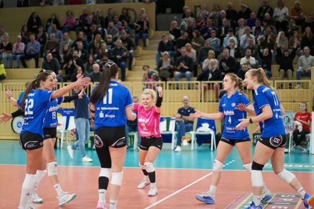 VOLLEYBALL - 1. BL Frauen - VC Wiesbaden - SC Potsdam - 11.01.25, Jubel über den unerwarteten Sieg gegen die Gäste aus Potsdam, -