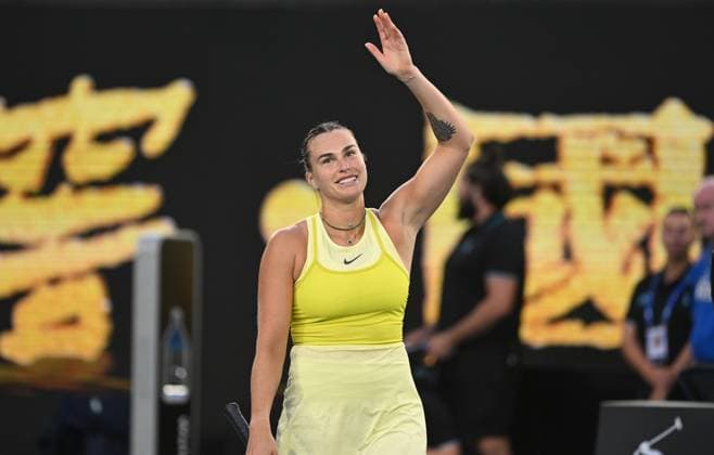 TENNIS AUSTRALIAN OPEN, Aryna Sabalenka of Belarus celebrates after winning her round 1 match against Sloane Stephens of USA during the 2025 Australian Open at Melbourne Park in Melbourne, Sunday, January 12, 2025. ( NO ARCHIVING, EDITORIAL USE ONLY, NO USE IN BOOKS WITHOUT CONSENT MELBOURNE VICTORIA AUSTRALIA  Copyright: xLUKASxCOCHx 20250112175645559198