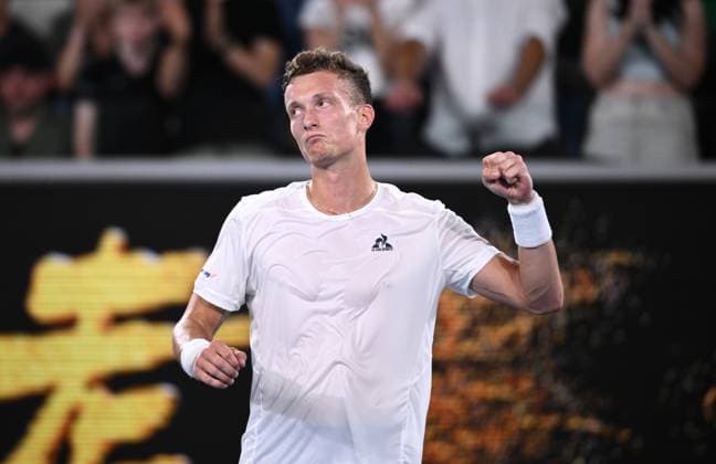 TENNIS AUSTRALIAN OPEN, Jiri Lehecka of Czech Republic reacts after winning his round 1 match against Li Tu of Australia during the 2025 Australian Open at Melbourne Park in Melbourne, Sunday, January 12, 2025. ( NO ARCHIVING, EDITORIAL USE ONLY, NO USE IN BOOKS WITHOUT CONSENT MELBOURNE VICTORIA AUSTRALIA  Copyright: xJOELxCARRETTx 20250112180613187151