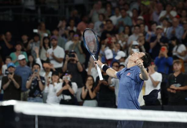 Tennis: Australian Open Japan s Kei Nishikori reacts after beating Brazil s Thiago Monteiro in the first round of the men s singles at the Australian Open tennis tournament in Melbourne on Jan. 12, 2025.  A14AA0003969079P