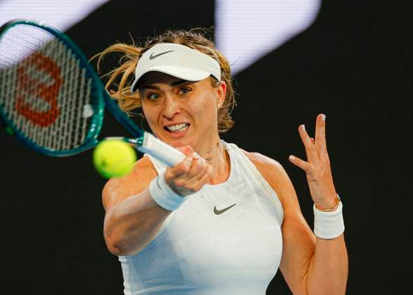 (250112) -- MELBOURNE, Jan. 12, 2025 -- Paula Badosa hits a return during the women s singles 1st round match between Wang Xinyu of China and Paula Badosa of Spain at 2025 Australian Open tennis tournament in Melbourne, Australia, Jan. 12, 2025. (Photo by Xinhua) (SP)AUSTRALIA-MELBOURNE-TENNIS-AUSTRALIAN OPEN-DAY 1 ChuxChen 