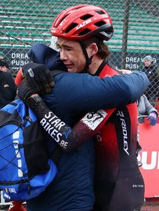 Belgian Emiel Osaer reacts after finishing as second in the men U17, U 17 (second year) race of the Belgian Cyclocross Championships (11-12 01) on Sunday 12 January 2025 in Heusden-Zolder. DAVIDxPINTENS  x110234614x
