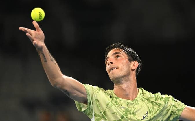TENNIS AUSTRALIAN OPEN, Matteo Gigante of Italy returns during his round 1 match against Ugo Humbert of France during the 2025 Australian Open at Melbourne Park in Melbourne, Sunday, January 12, 2025. ( NO ARCHIVING, EDITORIAL USE ONLY, NO USE IN BOOKS WITHOUT CONSENT MELBOURNE VICTORIA AUSTRALIA  Copyright: xLUKASxCOCHx 20250112128731013255