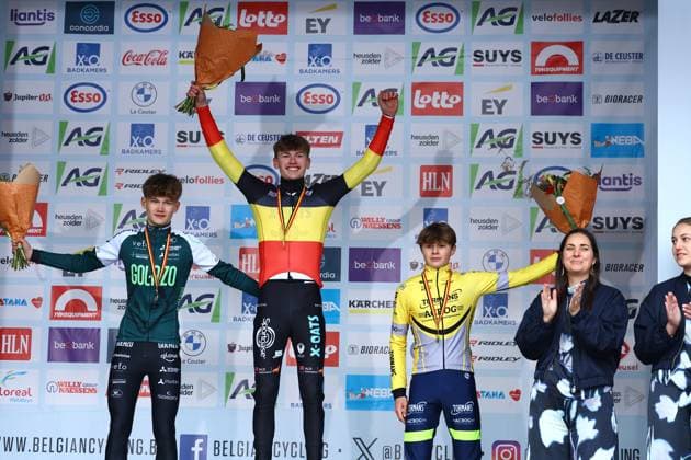 Belgian Lars Stockman and Belgian Cas Van Looke, Belgian Bas Vanden Eynde celebrate on the podium of the men U17, U 17 (second year) race of the Belgian Cyclocross Championships (11-12 01) on Sunday 12 January 2025 in Heusden-Zolder. DAVIDxPINTENS  x110234906x