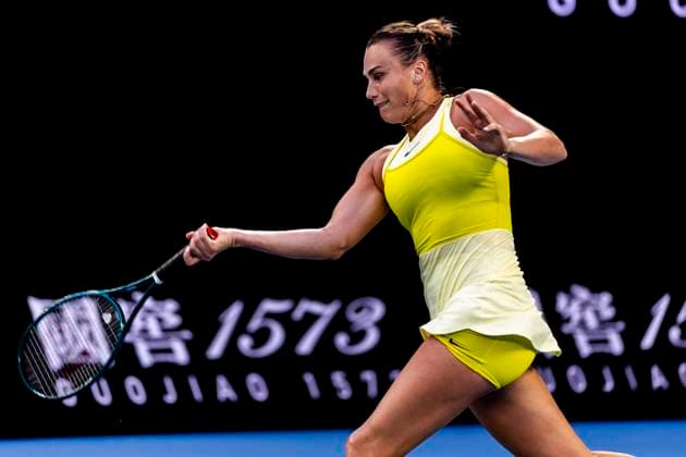 MELBOURNE, VIC - JANUARY 12: Aryna Sabalenka of Belarus in action during Round 1 of the 2025 Australian Open on January 12 2025, at Melbourne Park in Melbourne, Australia. (Photo by Jason Heidrich Icon Sportswire) TENNIS: JAN 12 Australian Open EDITORIAL USE ONLY Icon250112224