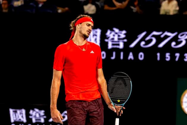 MELBOURNE, VIC - JANUARY 12: Alexander Zverev of Germany shows his frunstration during Round 1 of the 2025 Australian Open on January 12 2025, at Melbourne Park in Melbourne, Australia. (Photo by Jason Heidrich Icon Sportswire) TENNIS: JAN 12 Australian Open EDITORIAL USE ONLY Icon250112265