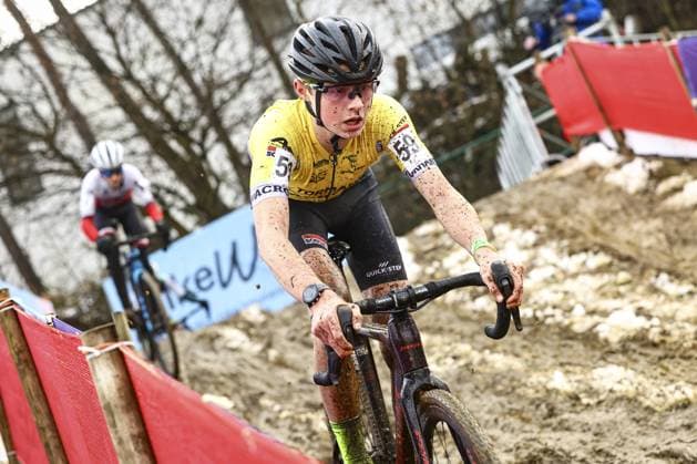 Belgian Bas vanden Eynde pictured in action during the men U17, U 17 (second year) race of the Belgian Cyclocross Championships (11-12 01) on Sunday 12 January 2025 in Heusden-Zolder. DAVIDxPINTENS  x110235939x