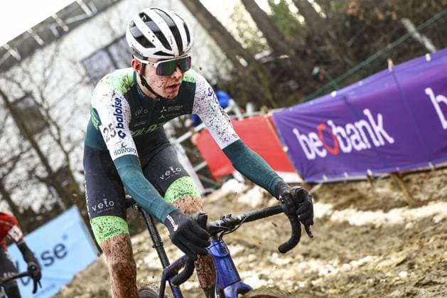 Rune Heylen pictured in action during the men U17, U 17 (second year) race of the Belgian Cyclocross Championships (11-12 01) on Sunday 12 January 2025 in Heusden-Zolder. DAVIDxPINTENS  x110236051x