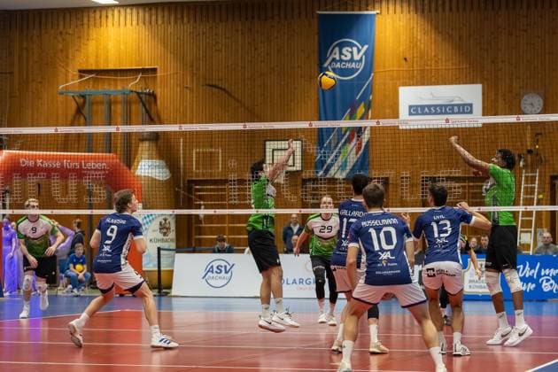 Spielszene am Netz, Endriel Alberto Pedroso Garriga (VC Bitterfeld-Wolfen, 19) mit Lukas Pockrandt (VC Bitterfeld-Wolfen, 29) und Matthew Slivinksi (ASV Dachau, 09), mit Luca Russelmann (ASV Dachau, 10) und Niklas Uhl (ASV Dachau, 13), mit Lukas Salimi (VC Bitterfeld-Wolfen, 15) und Matthew James Aubrey (VC Bitterfeld-Wolfen, 09), GER, ASV Dachau vs. VC Bitterfeld-Wolfen, Volleyball, 1. Bundesliga, 14. Spieltag, Saison 2024 2025, 12.01.2025, GER, ASV Dachau vs. VC Bitterfeld-Wolfen, Volleyball, 1. Bundesliga, 14. Spieltag, Saison 2024 2025, 12.01.2025 Dachau Copyright: xEibner-Pressefoto JennixMaulx EP_JML
