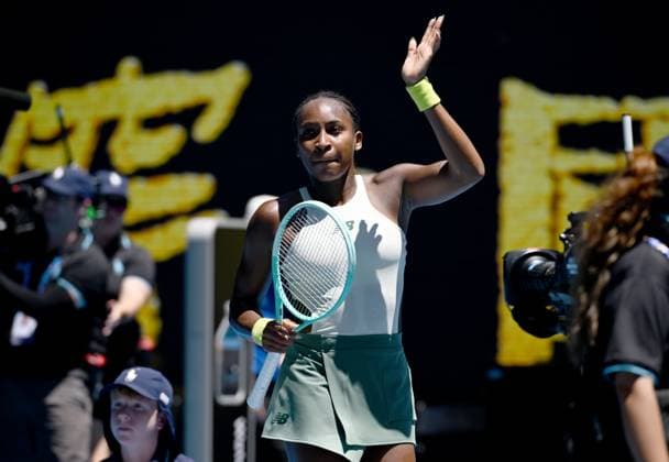 TENNIS AUSTRALIAN OPEN, Coco Gauff of USA celebrates after winning her round 1 match against Sofia Kenin of USA during the 2025 Australian Open at Melbourne Park in Melbourne, Monday, January 13, 2025. ( NO ARCHIVING, EDITORIAL USE ONLY, NO USE IN BOOKS WITHOUT CONSENT MELBOURNE VICTORIA AUSTRALIA  Copyright: xJOELxCARRETTx 20250113136753480532