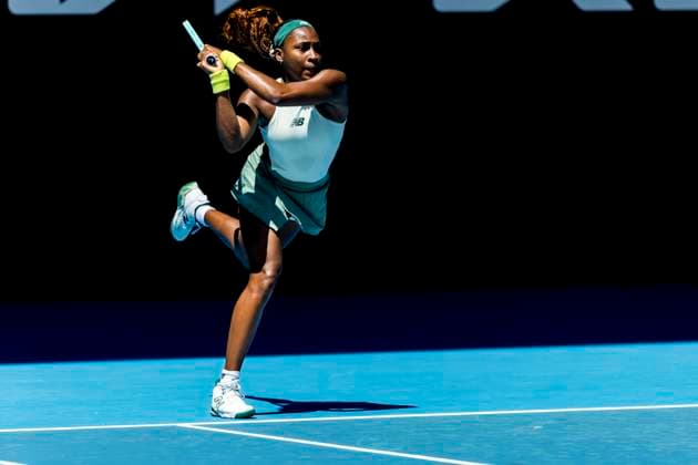 MELBOURNE, VIC - JANUARY 13: Coco Gauff of the Unites States of America in action during Round 1 of the 2025 Australian Open on January 13 2025, at Melbourne Park in Melbourne, Australia. (Photo by Jason Heidrich Icon Sportswire) TENNIS: JAN 13 Australian Open EDITORIAL USE ONLY Icon250113015