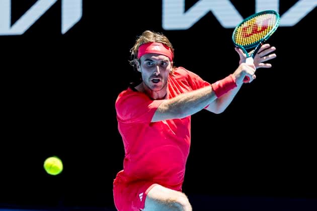 MELBOURNE, VIC - JANUARY 13: Stefanos Tsitsipas of Greece in action during Round 1 of the 2025 Australian Open on January 13 2025, at Melbourne Park in Melbourne, Australia. (Photo by Jason Heidrich Icon Sportswire) TENNIS: JAN 13 Australian Open EDITORIAL USE ONLY Icon250113081