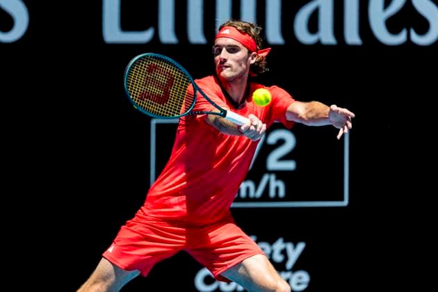 MELBOURNE, VIC - JANUARY 13: Stefanos Tsitsipas of Greece in action during Round 1 of the 2025 Australian Open on January 13 2025, at Melbourne Park in Melbourne, Australia. (Photo by Jason Heidrich Icon Sportswire) TENNIS: JAN 13 Australian Open EDITORIAL USE ONLY Icon250113086