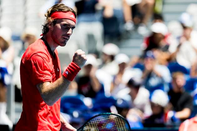MELBOURNE, VIC - JANUARY 13: Stefanos Tsitsipas of Greece celebrates during Round 1 of the 2025 Australian Open on January 13 2025, at Melbourne Park in Melbourne, Australia. (Photo by Jason Heidrich Icon Sportswire) TENNIS: JAN 13 Australian Open EDITORIAL USE ONLY Icon250113093