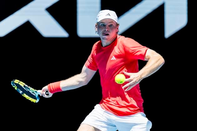MELBOURNE, VIC - JANUARY 13: Alex Michelsen of the United States of America in action during Round 1 of the 2025 Australian Open on January 13 2025, at Melbourne Park in Melbourne, Australia. (Photo by Jason Heidrich Icon Sportswire) TENNIS: JAN 13 Australian Open EDITORIAL USE ONLY Icon250113094