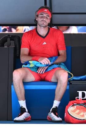 TENNIS AUSTRALIAN OPEN, Stefanos Tsitsipas of Greece reacts between games during his round 1 match against Alex Michelsen of USA during the 2025 Australian Open at Melbourne Park in Melbourne, Monday, January 13, 2025. ( NO ARCHIVING, EDITORIAL USE ONLY, NO USE IN BOOKS WITHOUT CONSENT MELBOURNE VICTORIA AUSTRALIA  Copyright: xJAMESxROSSx 20250113156228332437
