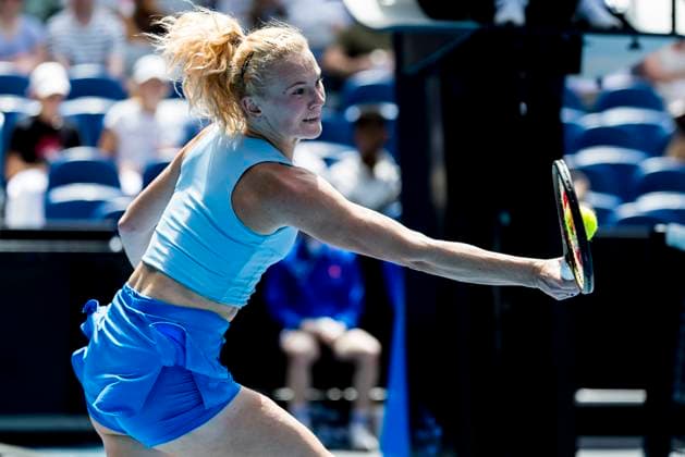 MELBOURNE, VIC - JANUARY 13: Katerina Siniakov of Czechia in action during Round 1 of the 2025 Australian Open on January 13 2025, at Melbourne Park in Melbourne, Australia. (Photo by Jason Heidrich Icon Sportswire) TENNIS: JAN 13 Australian Open EDITORIAL USE ONLY Icon250113124