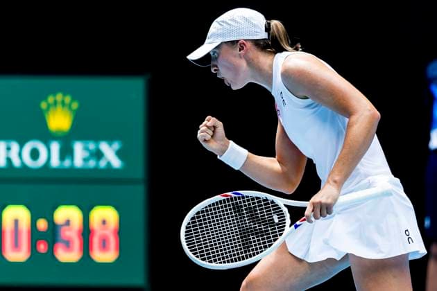 MELBOURNE, VIC - JANUARY 13: Iga Swiatek of Poland celebrates during Round 1 of the 2025 Australian Open on January 13 2025, at Melbourne Park in Melbourne, Australia. (Photo by Jason Heidrich Icon Sportswire) TENNIS: JAN 13 Australian Open EDITORIAL USE ONLY Icon250113140