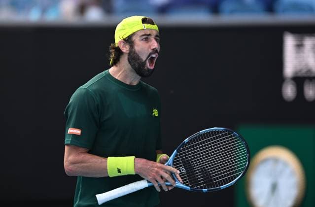 TENNIS AUSTRALIAN OPEN, Jordan Thompson of Australia reacts during his round 1 match against Dominik Koepfer of Germany during the 2025 Australian Open at Melbourne Park in Melbourne, Monday, January 13, 2025. ( NO ARCHIVING, EDITORIAL USE ONLY, NO USE IN BOOKS WITHOUT CONSENT MELBOURNE VICTORIA AUSTRALIA  Copyright: xLUKASxCOCHx 20250113114256122968
