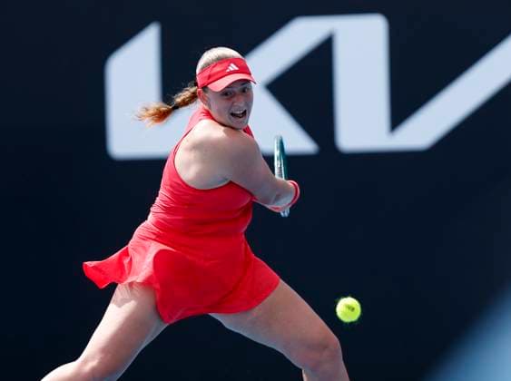 (250113) -- MELBOURNE, Jan. 13, 2025 -- Jelena Ostapenko hits a return during the women s singles first round match between Belinda Bencic of Switzerland and Jelena Ostapenko of Latvia at Australian Open tennis tournament in Melbourne, Australia, Jan. 13, 2025. ) (SP)AUSTRALIA-MELBOURNE-TENNIS-AUSTRALIAN OPEN-DAY 2 MaxPing 