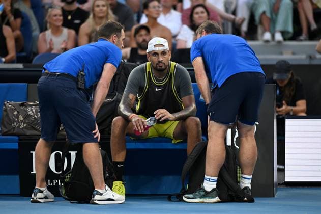 TENNIS AUSTRALIAN OPEN, Australian Nick Kyrgios is seen by medical staff during his round 1 match against Jacob Fearnley of Great Britain during the 2025 Australian Open at Melbourne Park in Melbourne, Monday, January 13, 2025. ( NO ARCHIVING, EDITORIAL USE ONLY, NO USE IN BOOKS WITHOUT CONSENT MELBOURNE VICTORIA AUSTRALIA  Copyright: xJAMESxROSSx 20250113174506907148