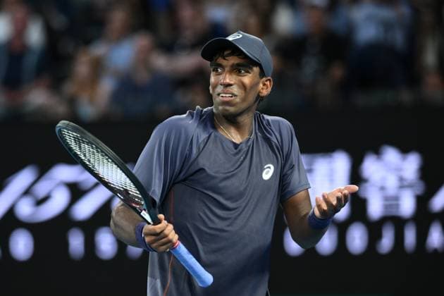 TENNIS AUSTRALIAN OPEN, Nishesh Basavareddy of USA reacts during his round 1 match against Novak Djokovic of Serbia during the 2025 Australian Open at Melbourne Park in Melbourne, Monday, January 13, 2025. ( NO ARCHIVING, EDITORIAL USE ONLY, NO USE IN BOOKS WITHOUT CONSENT MELBOURNE VICTORIA AUSTRALIA  Copyright: xJOELxCARRETTx 20250113131512715299