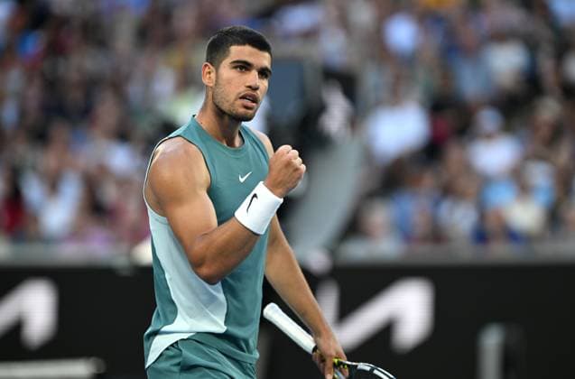TENNIS AUSTRALIAN OPEN, Carlos Alcaraz of Spain reacts during his round 1 match against Alexander Shevchenko of Kazakhstan during the 2025 Australian Open at Melbourne Park in Melbourne, Monday, January 13, 2025. ( NO ARCHIVING, EDITORIAL USE ONLY, NO USE IN BOOKS WITHOUT CONSENT MELBOURNE VICTORIA AUSTRALIA  Copyright: xLUKASxCOCHx 20250113129787493294