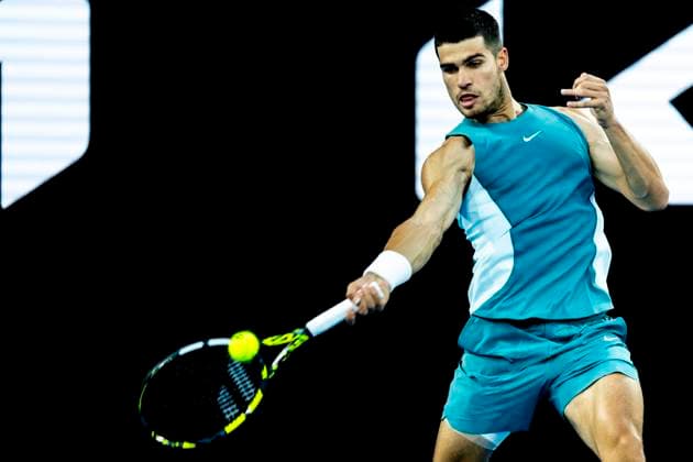 MELBOURNE, VIC - JANUARY 13: Carlos Alcaraz of Spain in action during Round 1 of the 2025 Australian Open on January 13 2025, at Melbourne Park in Melbourne, Australia. (Photo by Jason Heidrich Icon Sportswire) TENNIS: JAN 13 Australian Open EDITORIAL USE ONLY Icon250113210