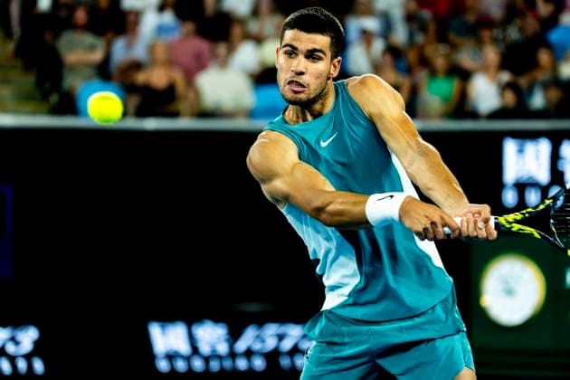 MELBOURNE, VIC - JANUARY 13: Carlos Alcaraz of Spain in action during Round 1 of the 2025 Australian Open on January 13 2025, at Melbourne Park in Melbourne, Australia. (Photo by Jason Heidrich Icon Sportswire) TENNIS: JAN 13 Australian Open EDITORIAL USE ONLY Icon250113220