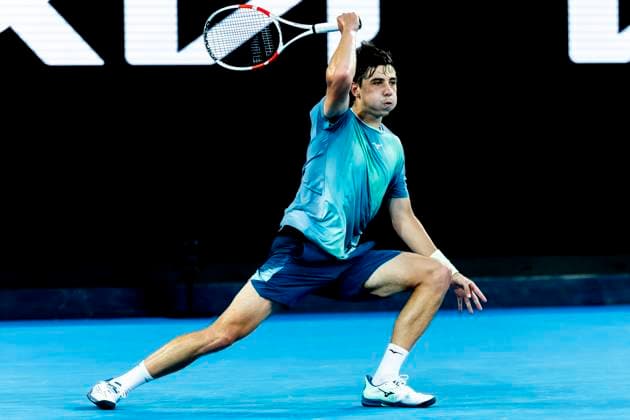MELBOURNE, VIC - JANUARY 13: Alexander Shevchenko of Kazakhstan in action during Round 1 of the 2025 Australian Open on January 13 2025, at Melbourne Park in Melbourne, Australia. (Photo by Jason Heidrich Icon Sportswire) TENNIS: JAN 13 Australian Open EDITORIAL USE ONLY Icon250113229