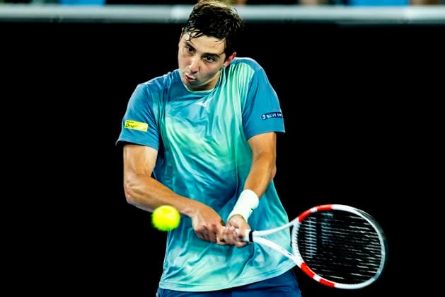 MELBOURNE, VIC - JANUARY 13: Alexander Shevchenko of Kazakhstan in action during Round 1 of the 2025 Australian Open on January 13 2025, at Melbourne Park in Melbourne, Australia. (Photo by Jason Heidrich Icon Sportswire) TENNIS: JAN 13 Australian Open EDITORIAL USE ONLY Icon250113232