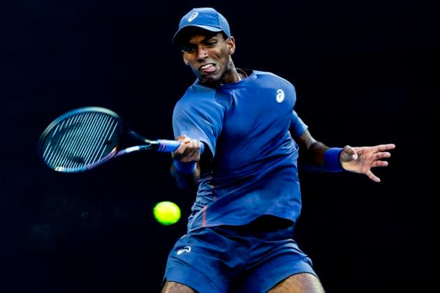 MELBOURNE, VIC - JANUARY 13: Nishesh Basavareddy of the United States of America in action during Round 1 of the 2025 Australian Open on January 13 2025, at Melbourne Park in Melbourne, Australia. (Photo by Jason Heidrich Icon Sportswire) TENNIS: JAN 13 Australian Open EDITORIAL USE ONLY Icon250113239