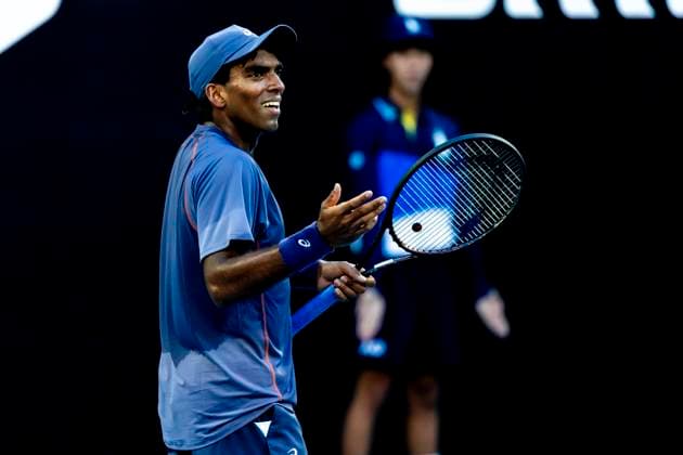 MELBOURNE, VIC - JANUARY 13: Nishesh Basavareddy of the United States of America shows his frustration during Round 1 of the 2025 Australian Open on January 13 2025, at Melbourne Park in Melbourne, Australia. (Photo by Jason Heidrich Icon Sportswire) TENNIS: JAN 13 Australian Open EDITORIAL USE ONLY Icon250113242