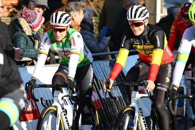 Belgian Sanne Cant and Belgian champion Marion Norbert Riberolle pictured at the start of the women s elite race of the Cyclocross Otegem cycling event, Monday 13 January 2025 in Otegem, the day after the Belgian national cyclocross championships. DAVIDxPINTENS  x110324662x