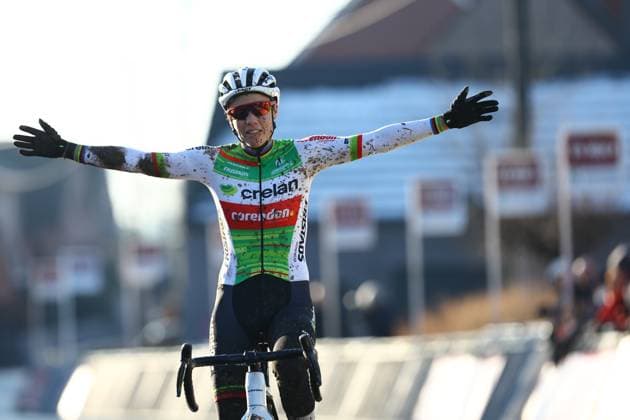Belgian Sanne Cant celebrates as she crosses the finish line to win the women s elite race of the Cyclocross Otegem cycling event, Monday 13 January 2025 in Otegem, the day after the Belgian national cyclocross championships. DAVIDxPINTENS  x110326204x