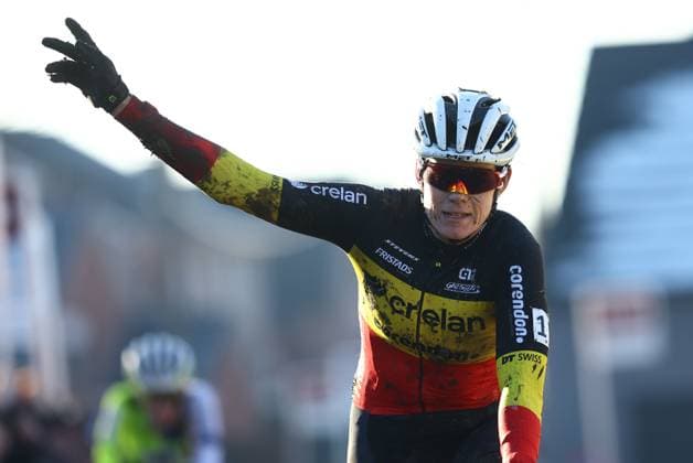 Belgian champion Marion Norbert Riberolle crosses the finish line of the women s elite race of the Cyclocross Otegem cycling event, Monday 13 January 2025 in Otegem, the day after the Belgian national cyclocross championships. DAVIDxPINTENS  x110326231x