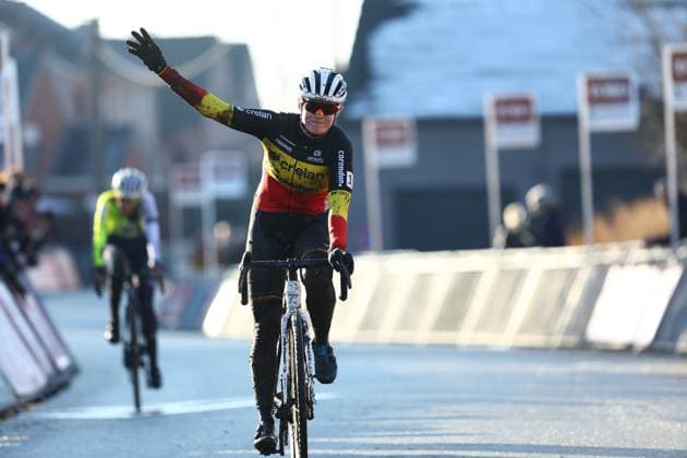 Belgian champion Marion Norbert Riberolle crosses the finish line of the women s elite race of the Cyclocross Otegem cycling event, Monday 13 January 2025 in Otegem, the day after the Belgian national cyclocross championships. DAVIDxPINTENS  x110326238x