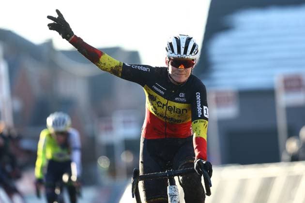 Belgian champion Marion Norbert Riberolle crosses the finish line of the women s elite race of the Cyclocross Otegem cycling event, Monday 13 January 2025 in Otegem, the day after the Belgian national cyclocross championships. DAVIDxPINTENS  x110326240x