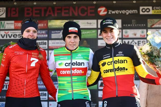 Dutch Aniek Van Alphen, Belgian Sanne Cant and Belgian Marion Norbert Riberolle celebrate on the podium of the women s elite race of the Cyclocross Otegem cycling event, Monday 13 January 2025 in Otegem, the day after the Belgian national cyclocross championships. DAVIDxPINTENS  x110327697x
