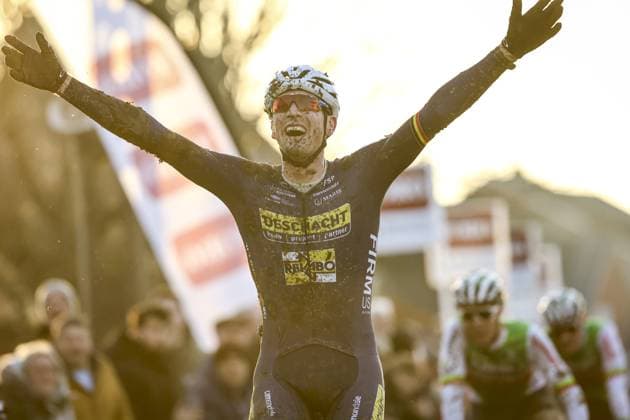 Belgian Toon Aerts celebrates as he crosses the finish line to win the men s elite race of the Cyclocross Otegem cycling event, Monday 13 January 2025 in Otegem, the day after the Belgian national cyclocross championships. DAVIDxPINTENS  x110338375x