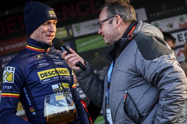 Belgian Toon Aerts pictured on the podium after the men s elite race of the Cyclocross Otegem cycling event, Monday 13 January 2025 in Otegem, the day after the Belgian national cyclocross championships. DAVIDxPINTENS  x110340837x