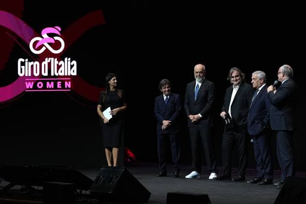 Barbara Pedrotti , Urbano Cairo , Edi Rama Prime Minister of Albania , Pierluigi Pardo , Antonio Tajani , Roberto Gualtieri during the Giro d& x2019;Italia and Giro d& x2019;Italia Women 2025 Presentation - Auditorium Parco della Musica Ennio Morricone in Rome, Italy - Monday , January 13, 2025. - Cycling  Copyright: xMassimoxPaolone LaPressex