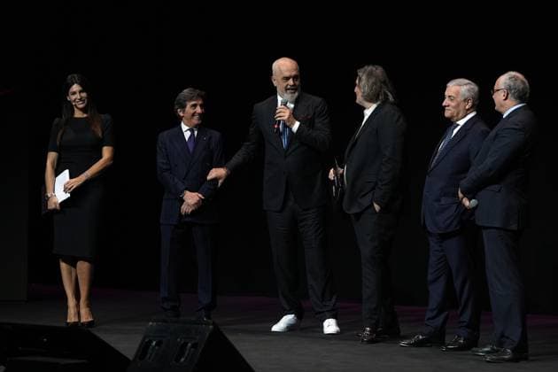 Barbara Pedrotti , Urbano Cairo , Edi Rama Prime Minister of Albania , Pierluigi Pardo , Antonio Tajani , Roberto Gualtieri during the Giro d& x2019;Italia and Giro d& x2019;Italia Women 2025 Presentation - Auditorium Parco della Musica Ennio Morricone in Rome, Italy - Monday , January 13, 2025. - Cycling  Copyright: xMassimoxPaolone LaPressex