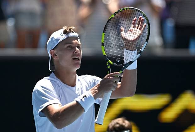TENNIS AUSTRALIAN OPEN, Holger Rune of Denmark reacts after winning his round 1 match against Zhang Zhizhen of China during the 2025 Australian Open at Melbourne Park in Melbourne, Tuesday, January 14, 2025. ( NO ARCHIVING, EDITORIAL USE ONLY, NO USE IN BOOKS WITHOUT CONSENT MELBOURNE VICTORIA AUSTRALIA  Copyright: xLUKASxCOCHx 20250114189754708178