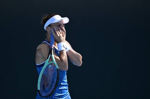 TENNIS AUSTRALIAN OPEN, Danka Kovinic of Montenegro celebrates winning her round 1 match against Lulu Sun of New Zealand during the 2025 Australian Open at Melbourne Park in Melbourne, Tuesday, January 14, 2025. ( NO ARCHIVING, EDITORIAL USE ONLY, NO USE IN BOOKS WITHOUT CONSENT MELBOURNE VICTORIA AUSTRALIA  Copyright: xLUKASxCOCHx 20250114175995510967