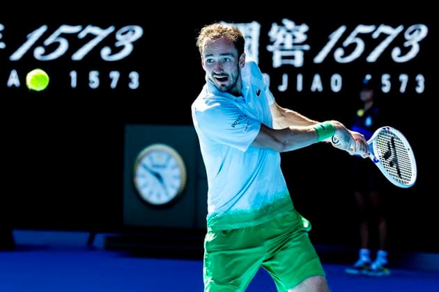 MELBOURNE, VIC - JANUARY 14: Daniil Medvedev of Russia in action during Round 1 of the 2025 Australian Open on January 14 2025, at Melbourne Park in Melbourne, Australia. (Photo by Jason Heidrich Icon Sportswire) TENNIS: JAN 14 Australian Open EDITORIAL USE ONLY Icon250114159