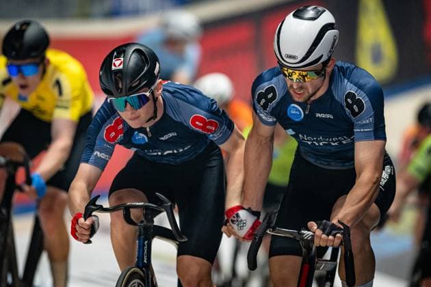 WINKLER Oskar, KOKAS Raphael: Sixdays Bremen 2025 Team 8 - NORDWEST TICKET - WINKLER Oskar ( DEN ) - Black - KOKAS Raphael ( AUT ) - Red Querformat - quer - horizontal - Landscape - Event Veranstaltung: Sixdays Bremen 2025 - Category Kategorie: Cycling - Track cycling, Rad, Radsport, Bahnrad, Bahn Sixdays - Elite Men - Location Ort: Europe Germany - Bremen - ÖVB Arena - Discipline: Madison - Distance: ... m - Date Datum: 13.01.2025 Monday Day 4 -