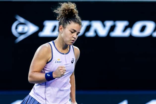 MELBOURNE, VIC - JANUARY 14: Jasmine Paolini of Italy celebrates during Round 1 of the 2025 Australian Open on January 14 2025, at Melbourne Park in Melbourne, Australia. (Photo by Jason Heidrich Icon Sportswire) TENNIS: JAN 14 Australian Open EDITORIAL USE ONLY Icon250114168