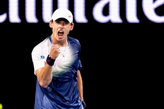 MELBOURNE, VIC - JANUARY 14: Alex de Minaur of Australia celebrates during Round 1 of the 2025 Australian Open on January 14 2025, at Melbourne Park in Melbourne, Australia. (Photo by Jason Heidrich Icon Sportswire) TENNIS: JAN 14 Australian Open EDITORIAL USE ONLY Icon250114228